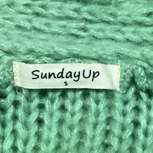Sunday Up Green V Neck Popcorn Crochet Knit Button Down Cardigan Sweater Top S - Picture 4 of 5